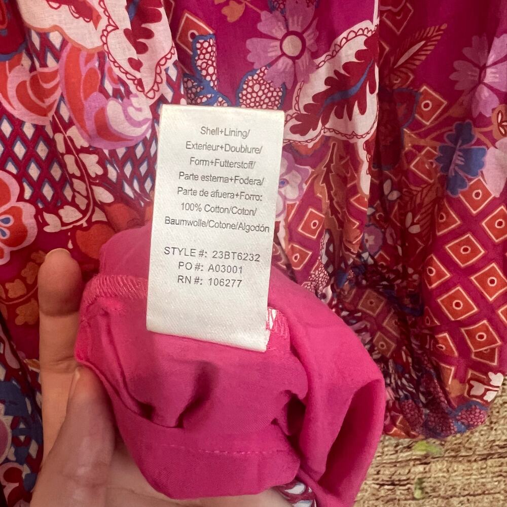 Hale Bob Mini Dress XS Paisley Fuchsia Bubble Long Sleeves Pink Floral Sundress - Picture 6 of 7